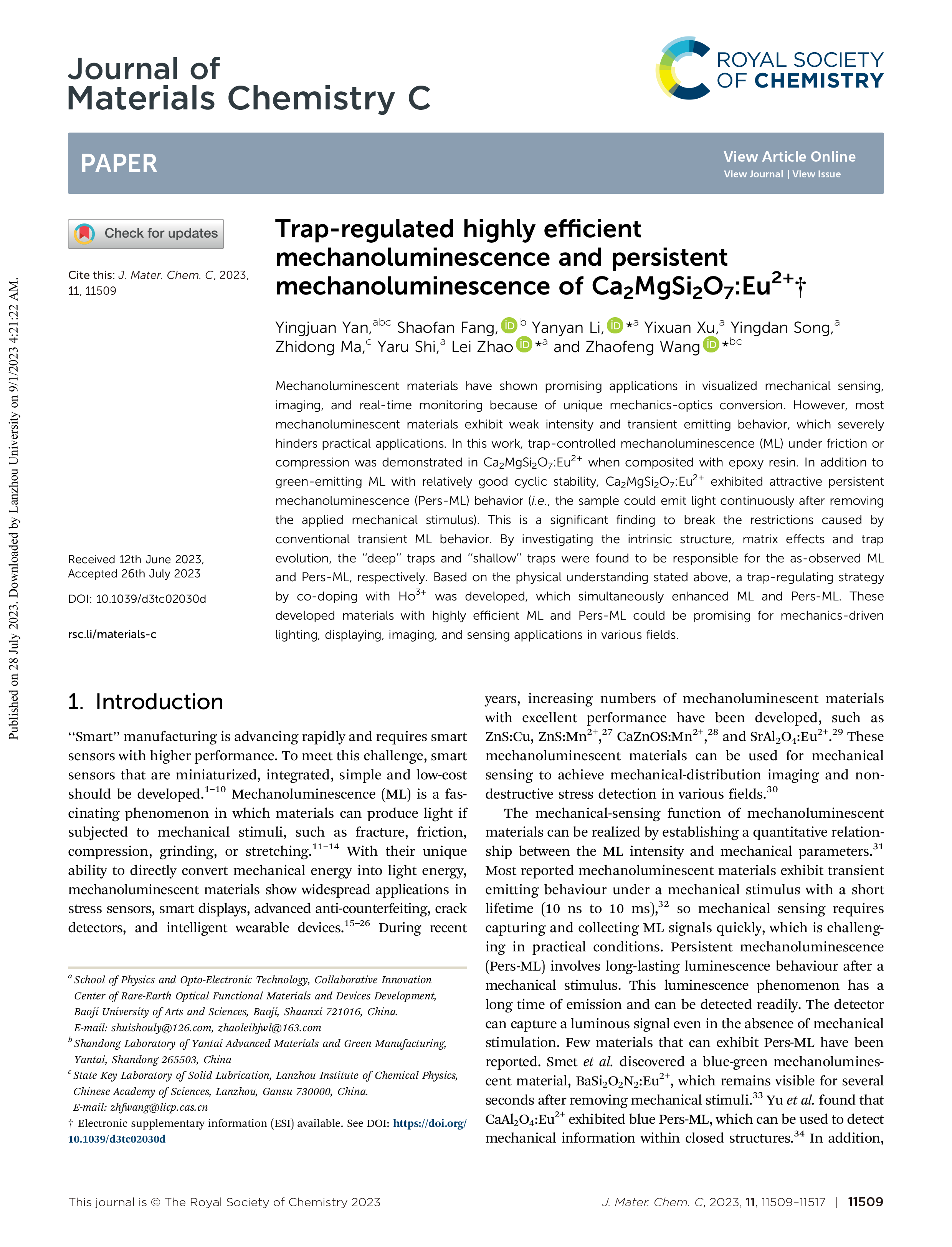 Trap-regulated highly efficient mechanoluminescence and persistent mechanoluminescence of Ca2MgSi2O7Eu2+†-1.png